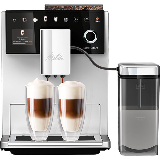 Melitta® Kaffeevollautomat Melitta LatteSelect 6781937 1 – Studio view of black-silver LatteSelect with cup shelf and display
